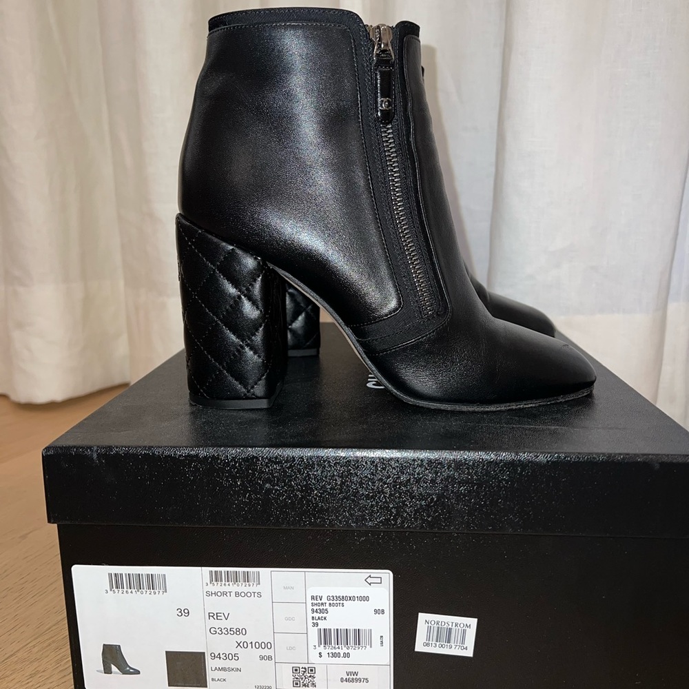 Chanel CC Quilted Heel Ankle Boots Black Leather Booties